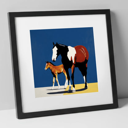Striking Skewbald Bond mare & foal art print in black frame