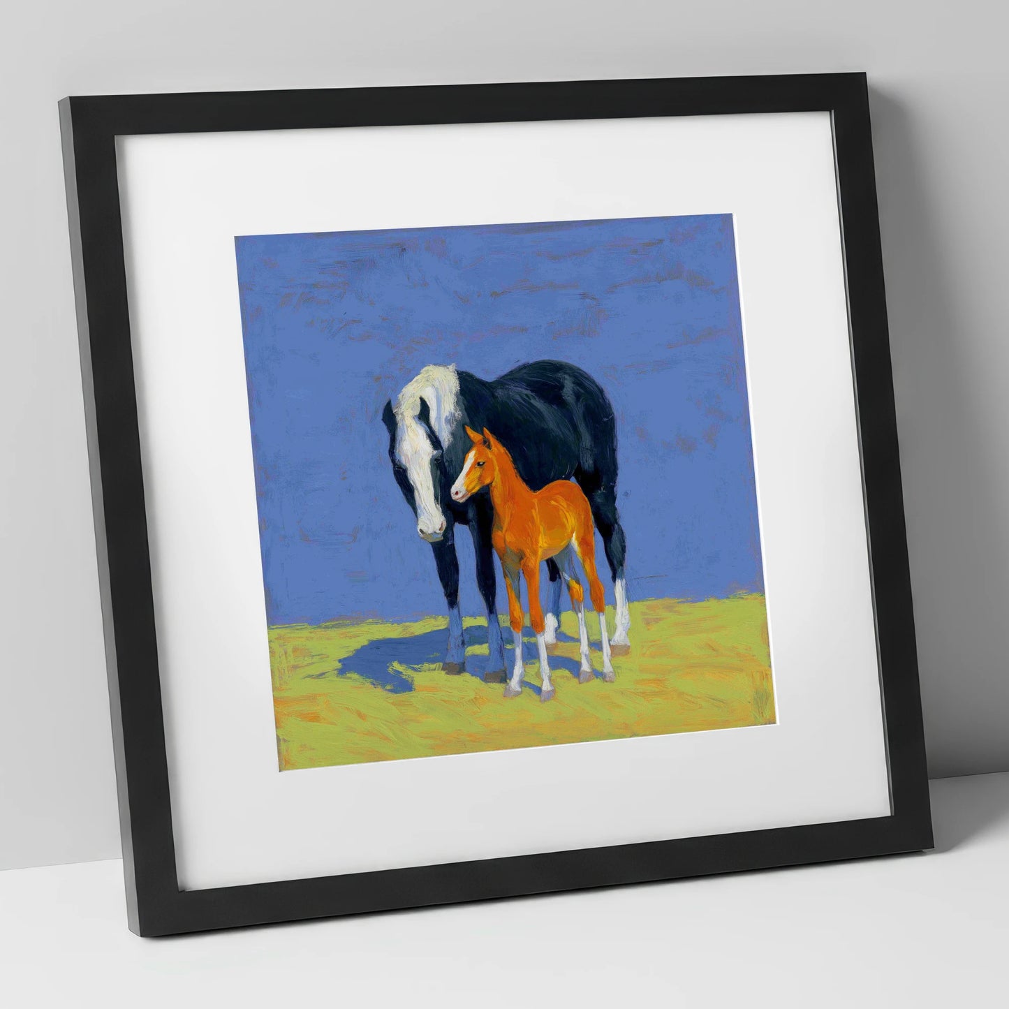 Vibrant Pasture Bond mare & foal art print in black frame