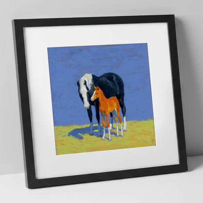 Vibrant Pasture Bond mare & foal art print in black frame