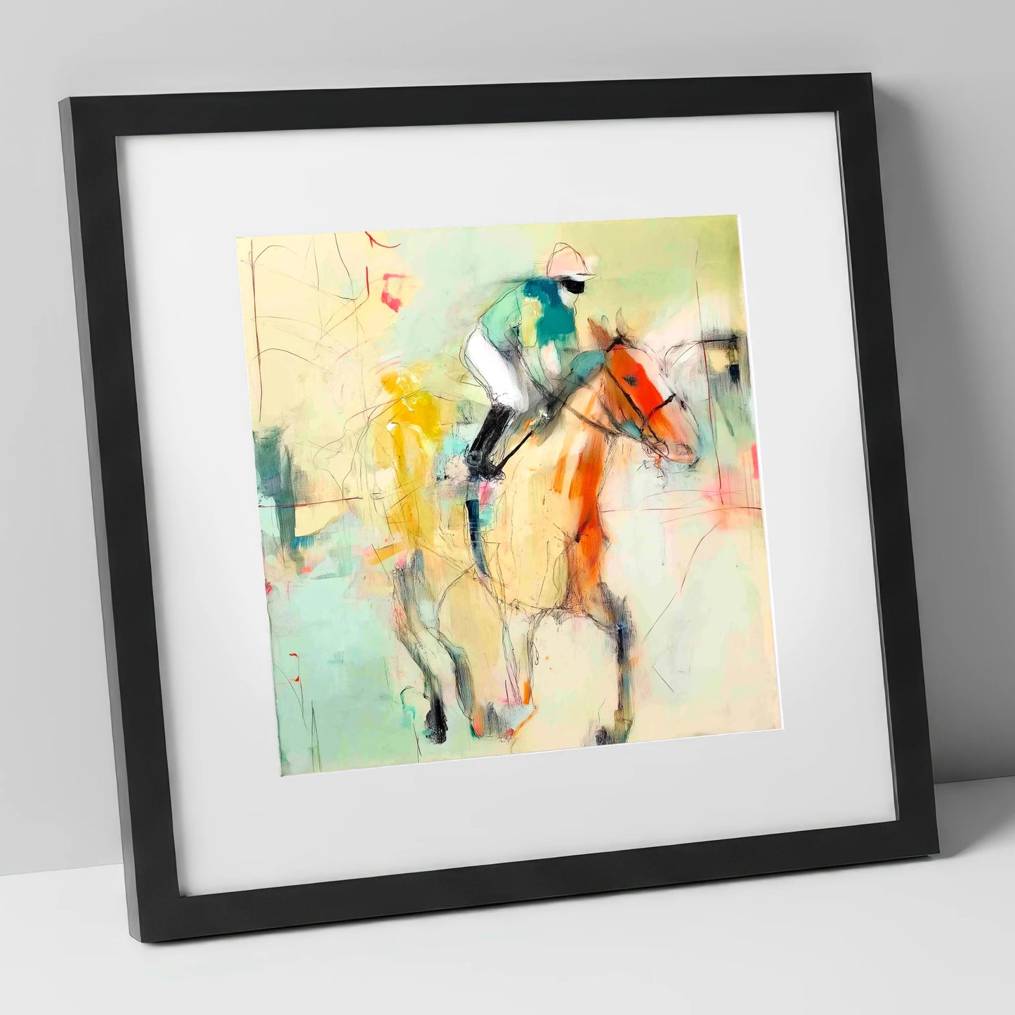 The Fleeting Stride racing horse art print in black frame