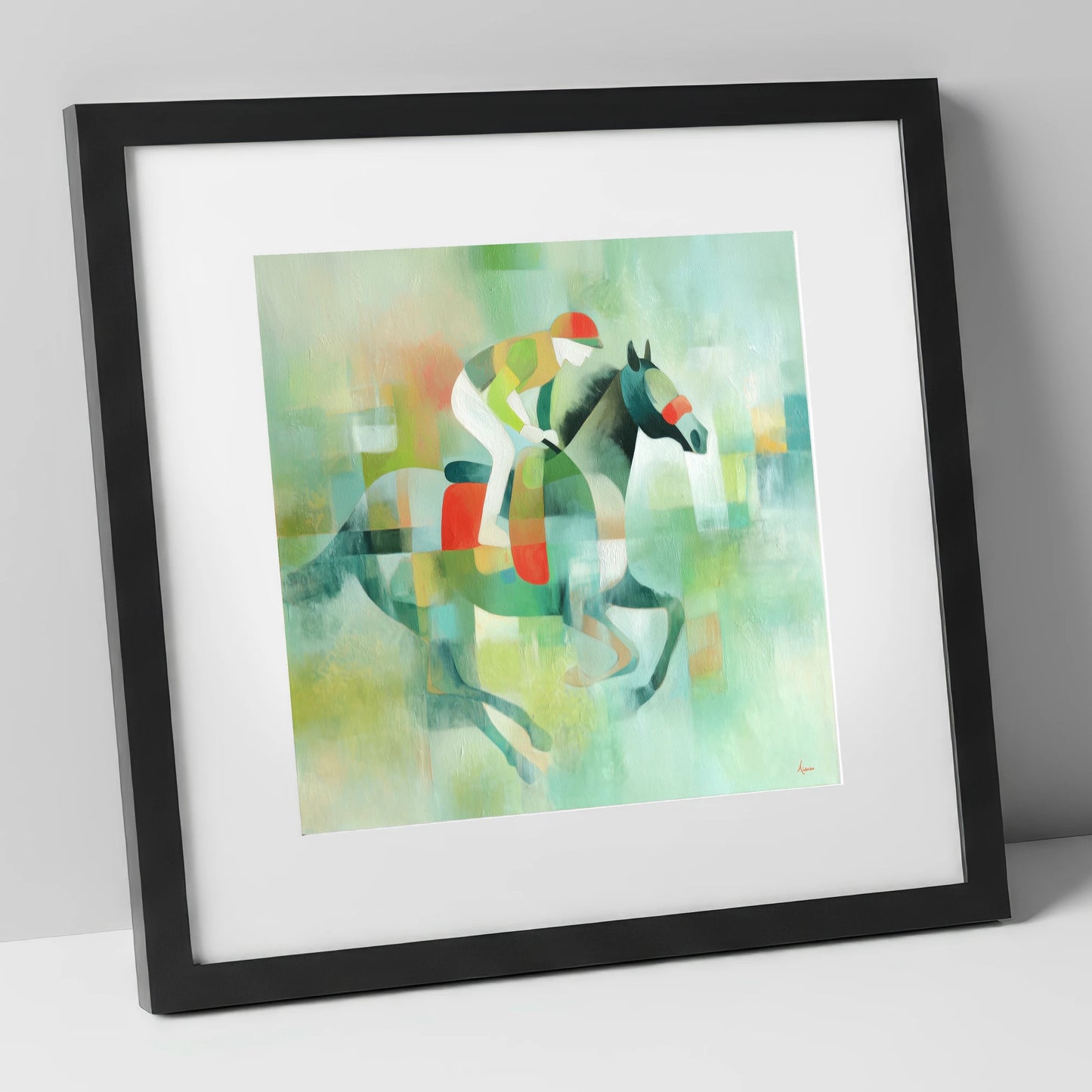 Abstract Turf Stride racing horse art print in black frame