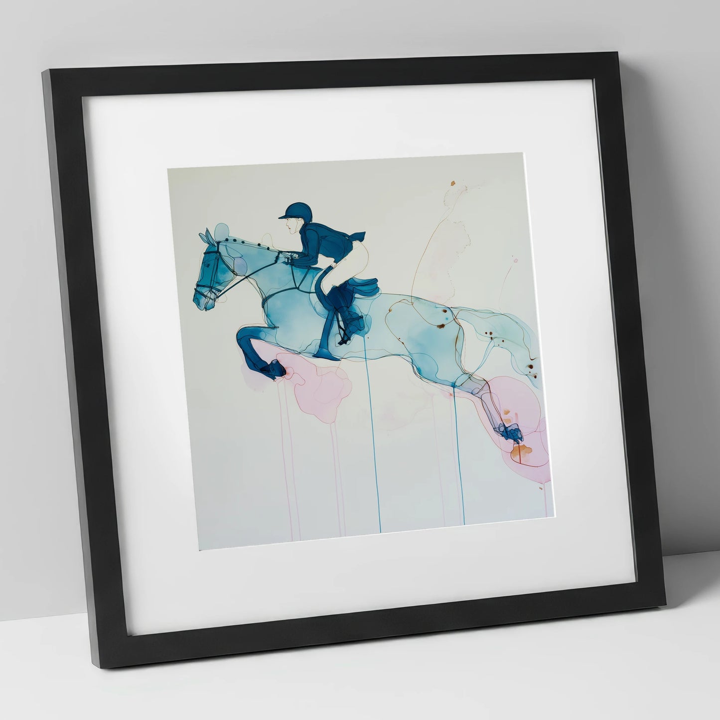 Azure Flight show jumping horse art print in black frame