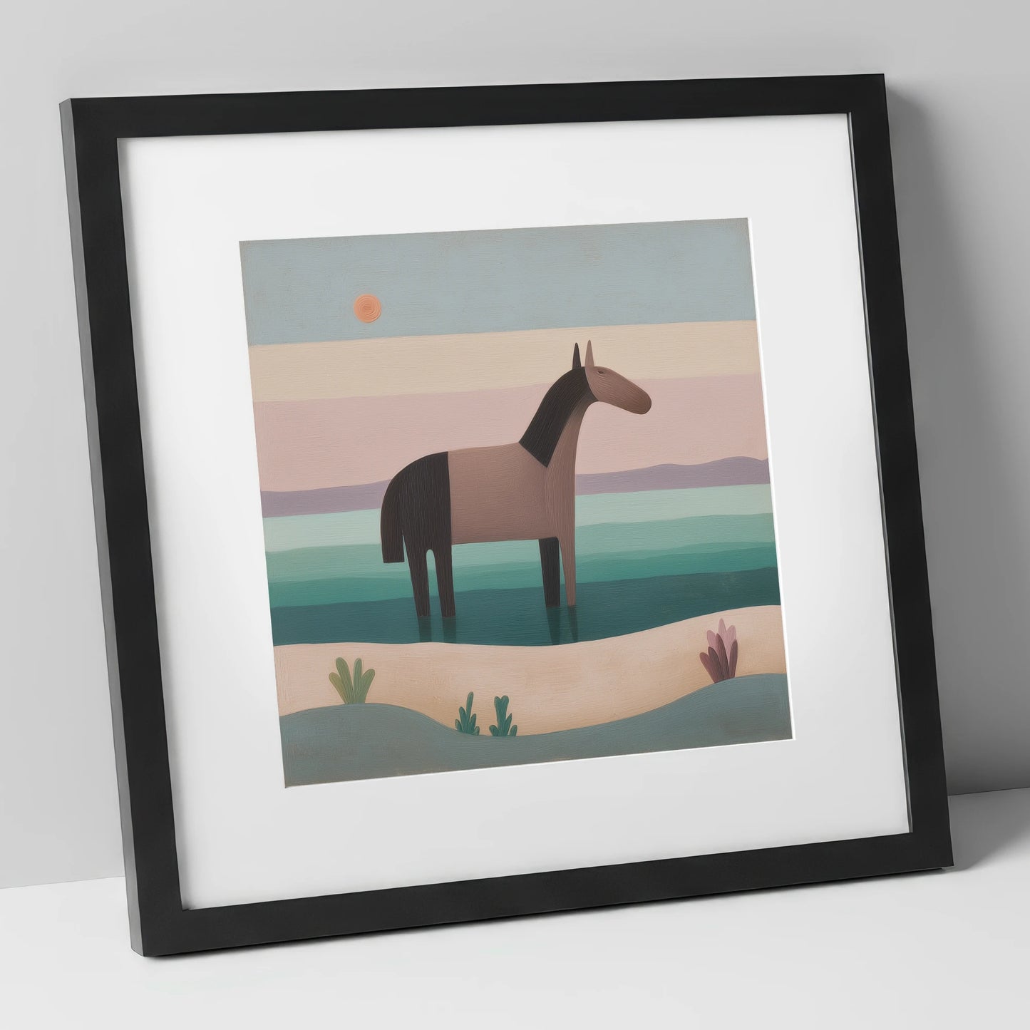 Stillness in the Shallows beach horse art print in black frame