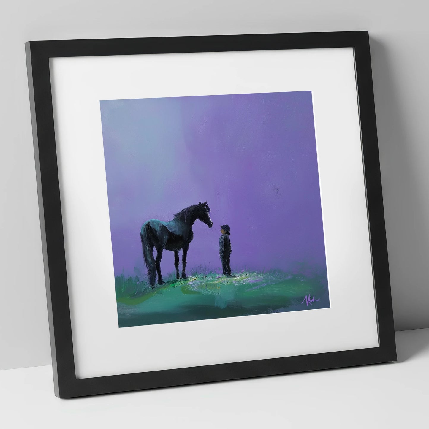Shared Silence horse & rider art print in black frame