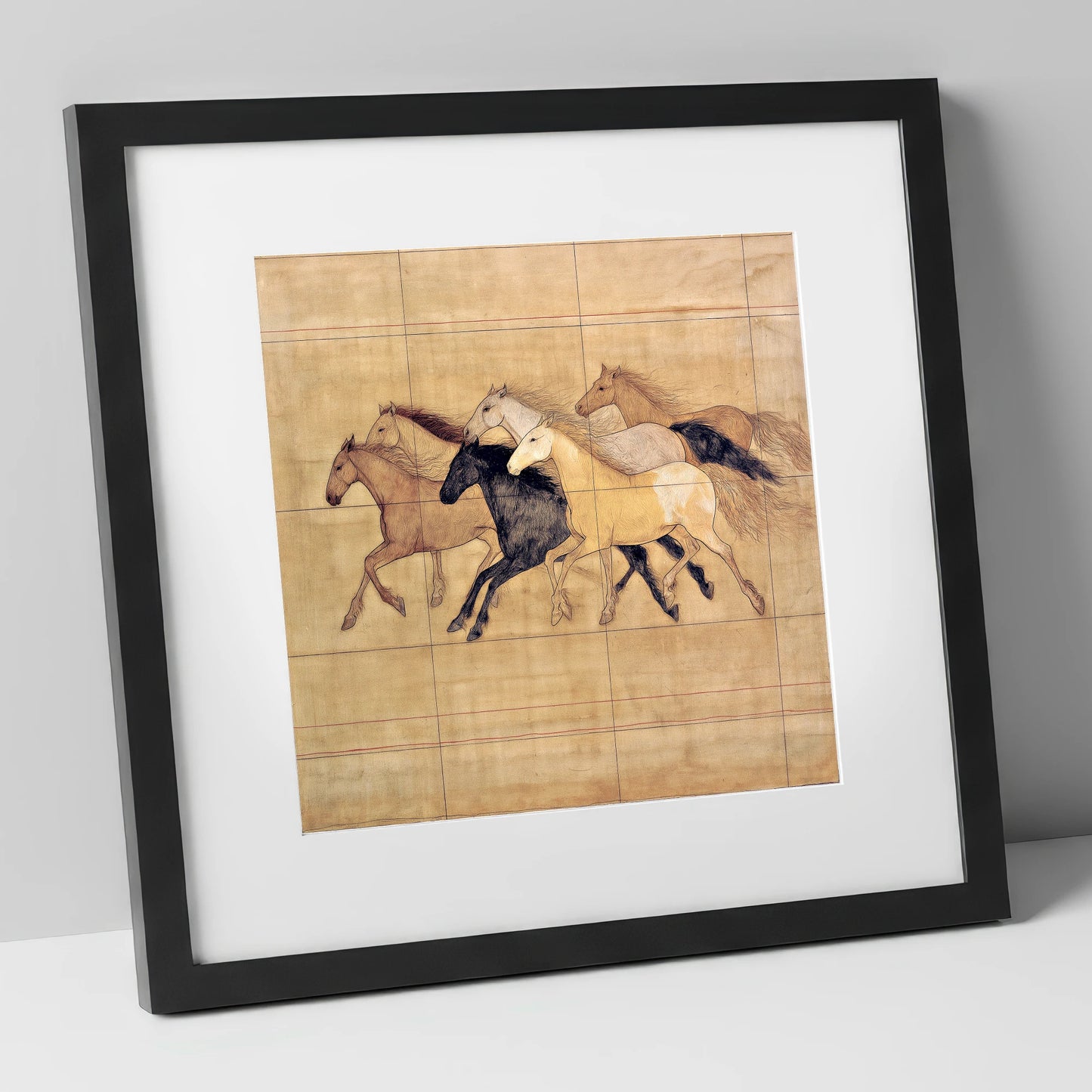 Classical Herd Study wild horses art print in black frame