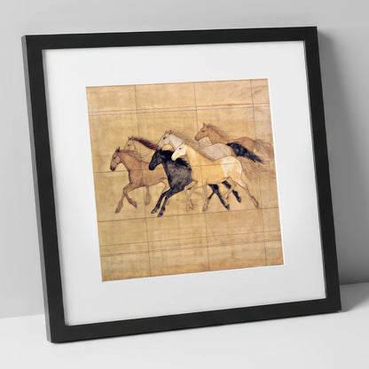 Classical Herd Study wild horses art print in black frame