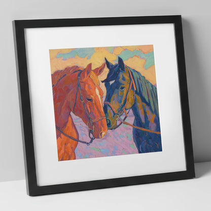 Vibrant Equine Bond horse portrait art print in black frame