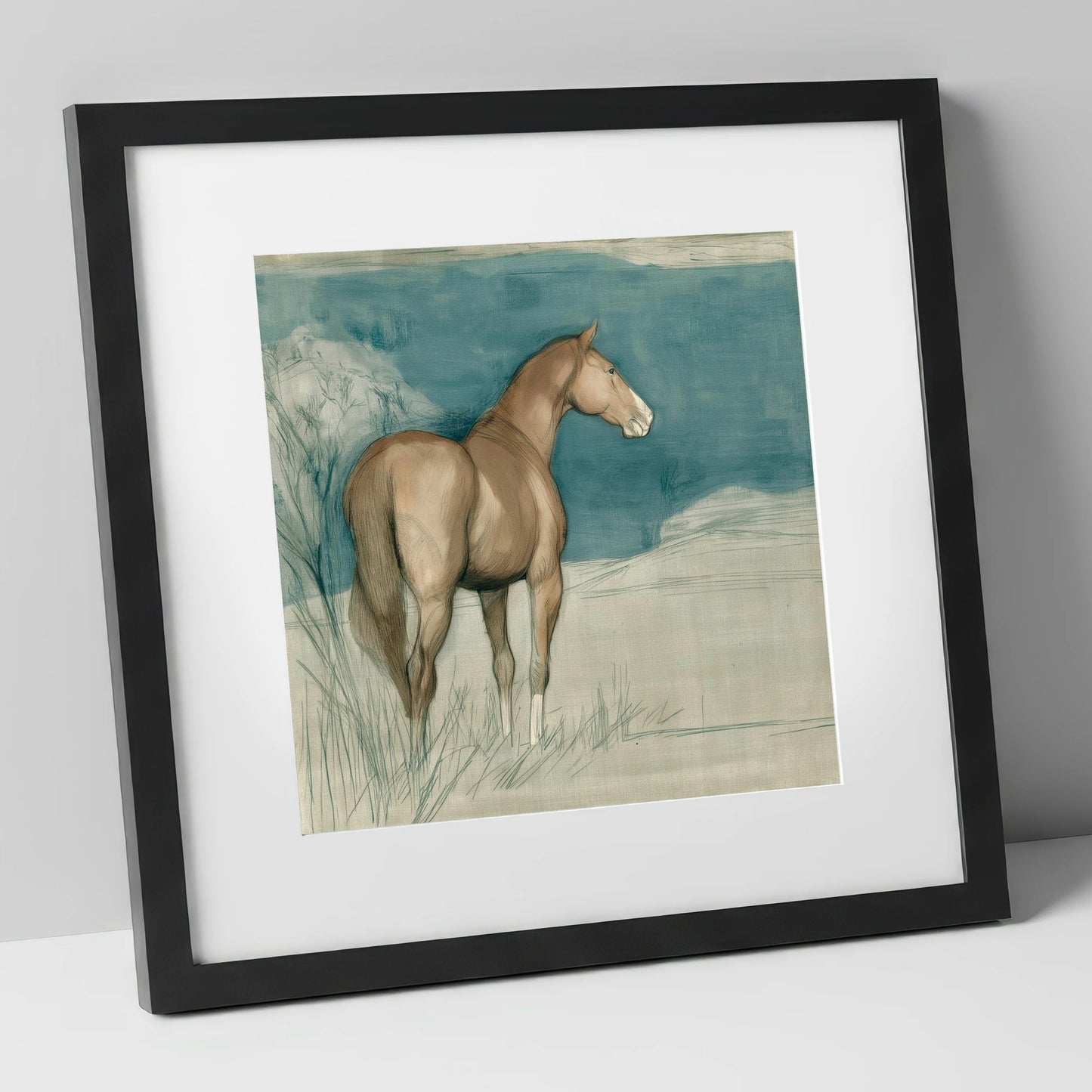 The Quiet Glance horse portrait art print in black frame