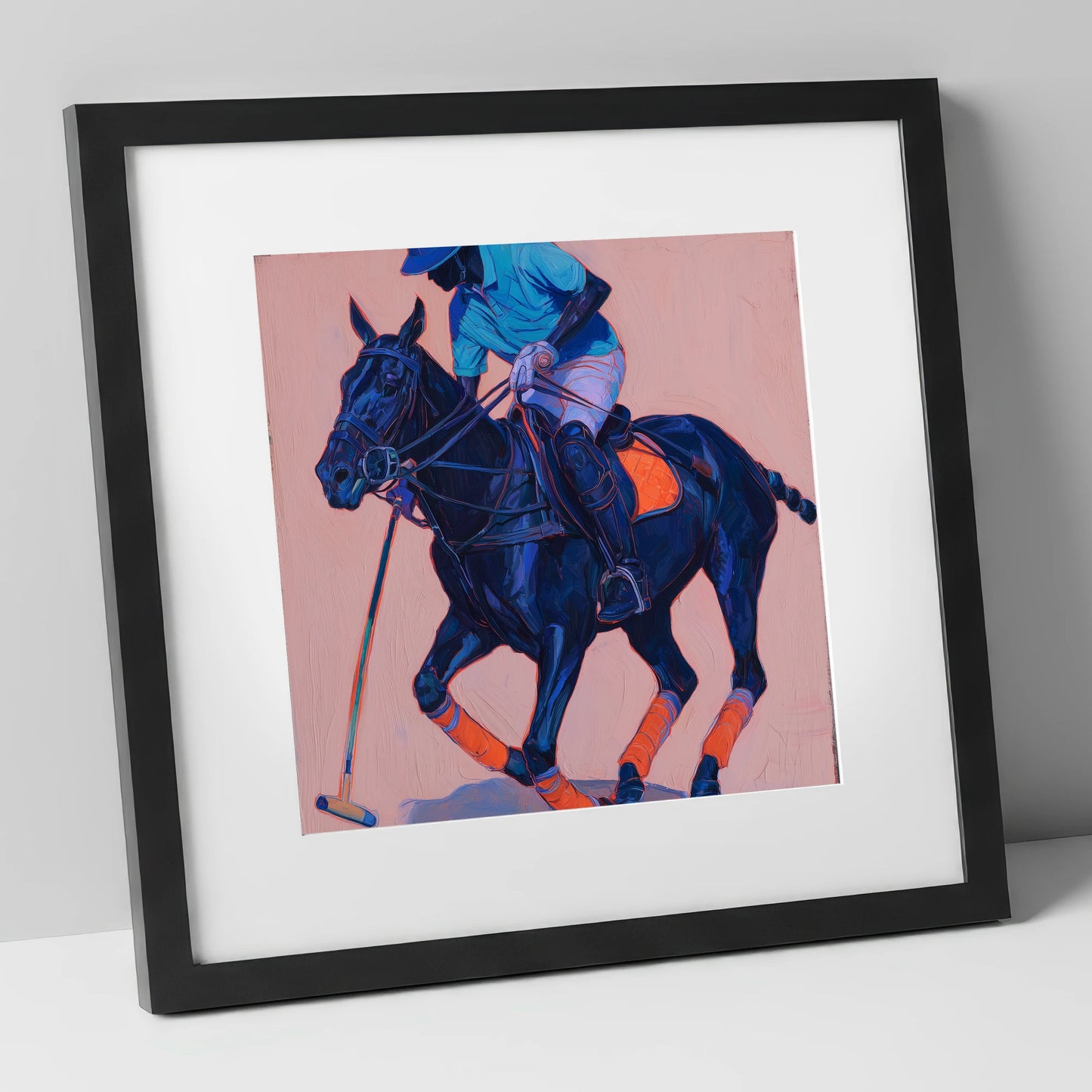 The Indigo Strike polo horse art print in black frame