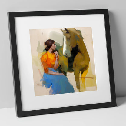 The Quiet Connection horse & rider art print in black frame