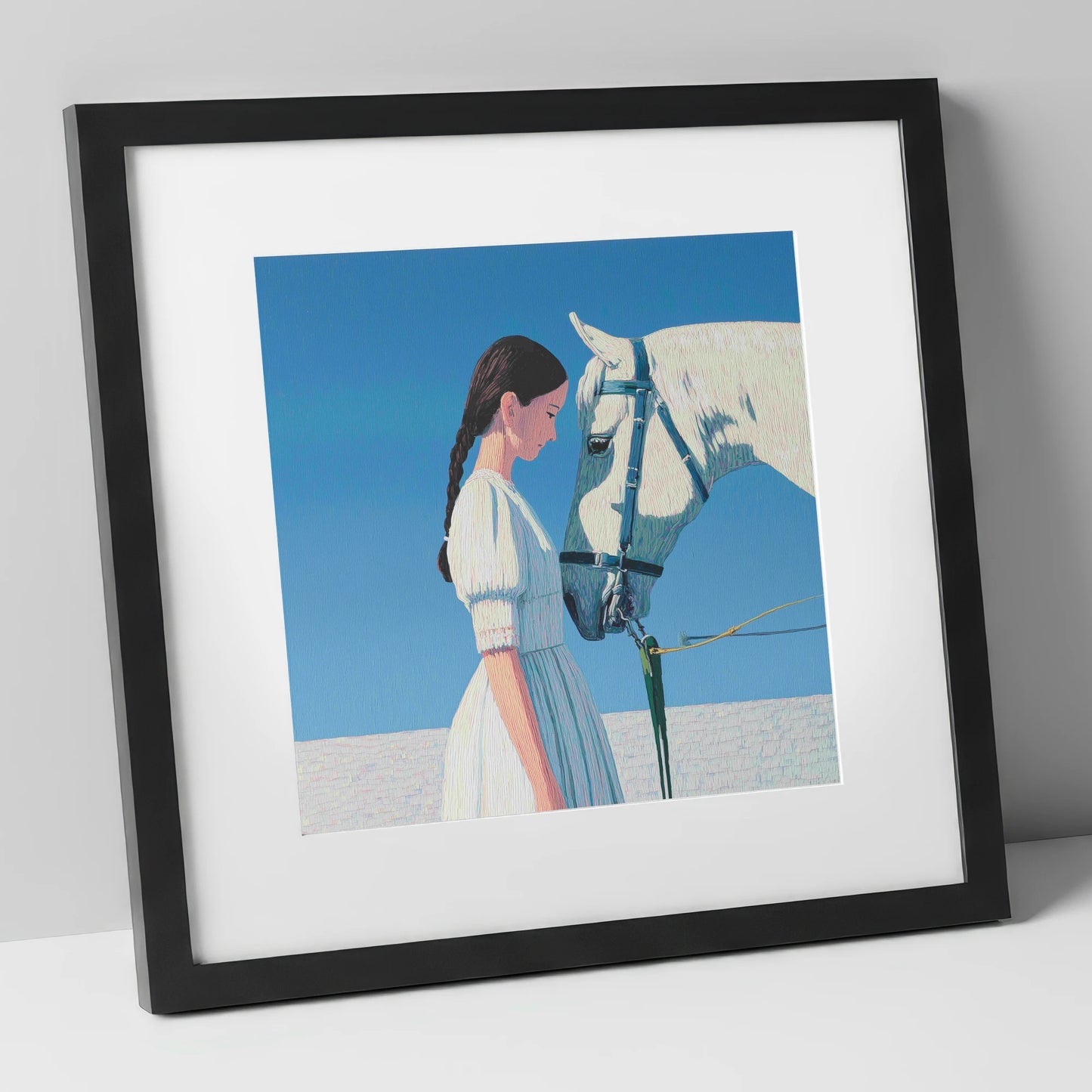 Silent Dialogue horse & rider art print in black frame