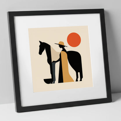 Sunlit Equine Silhouette horse & rider art print in black frame