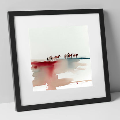 Crimson Horizon Herd horse landscape art print in black frame