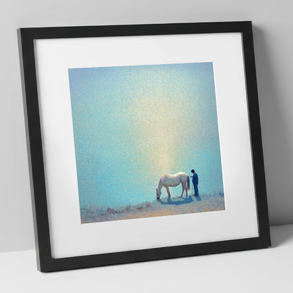 Beside Still Waters horse & rider art print in black frame