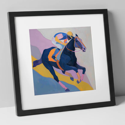 Vibrant Racing Stride racing horse art print in black frame
