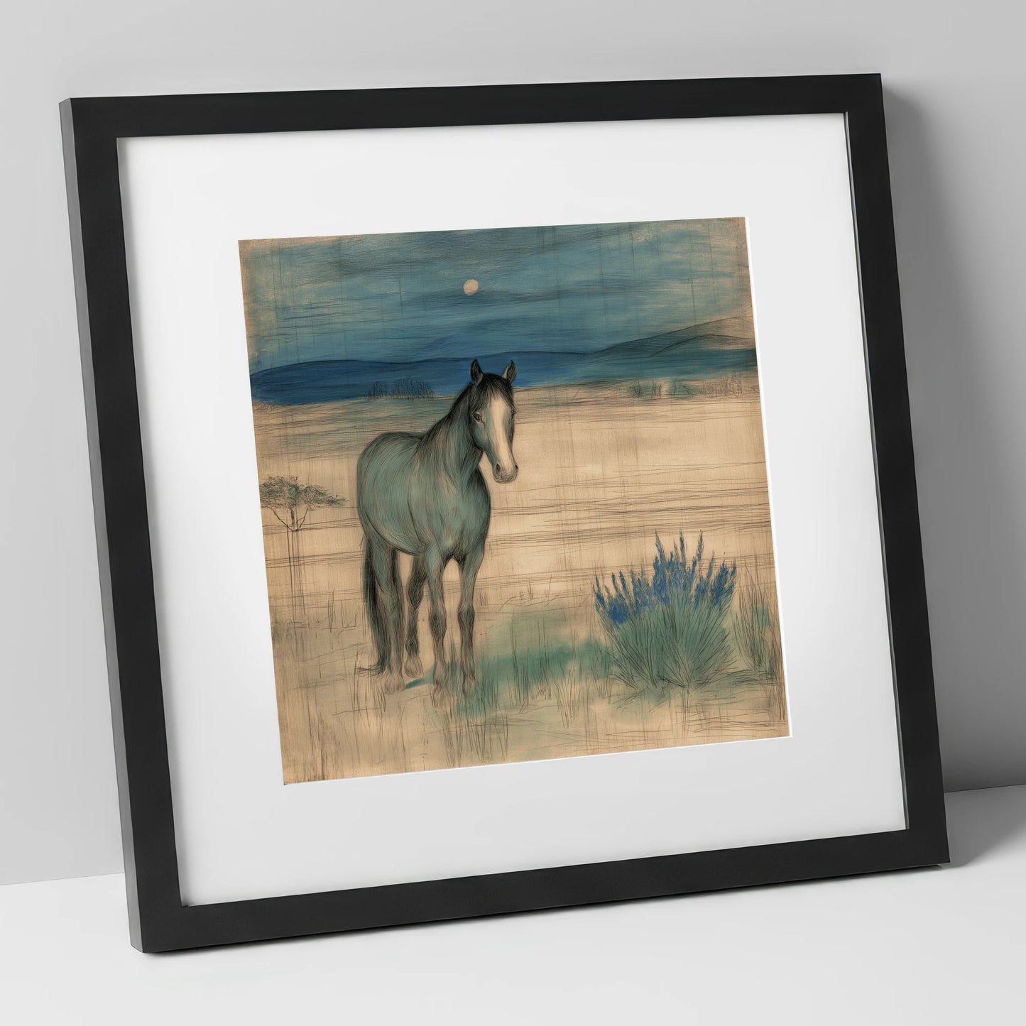 Twilight Moonlit Watch horse landscape art print in black frame