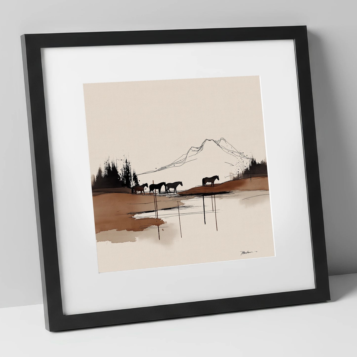 Mountain Pasture Silhouettes horse landscape art print in black frame