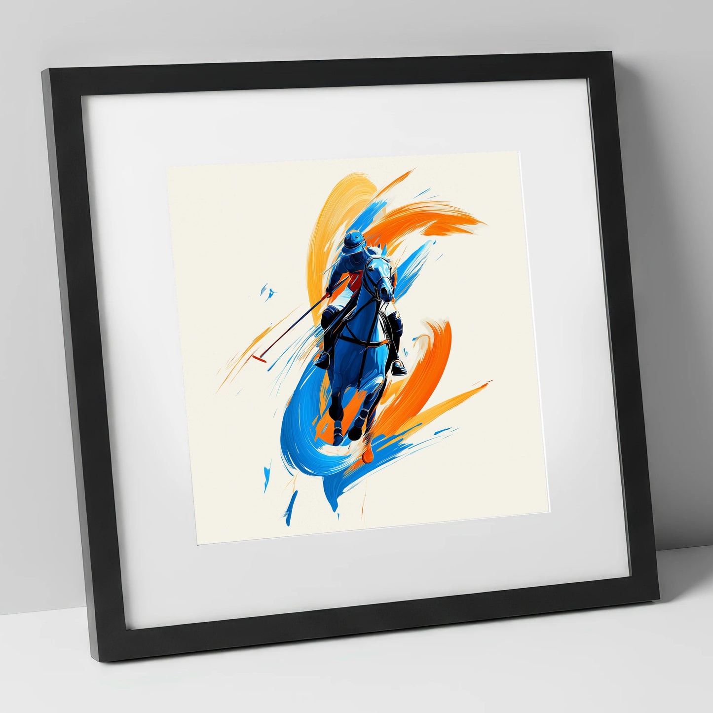 The Indigo Strike polo horse art print in black frame