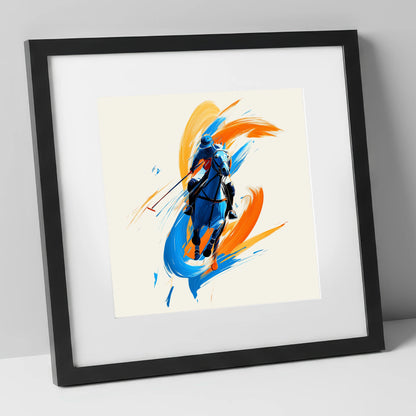 The Indigo Strike polo horse art print in black frame