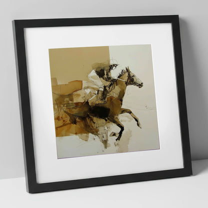 The Full Stretch racing horse art print in black frame