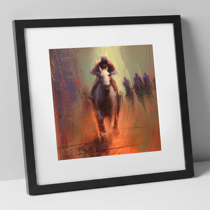 The Home Straight racing horse art print in black frame