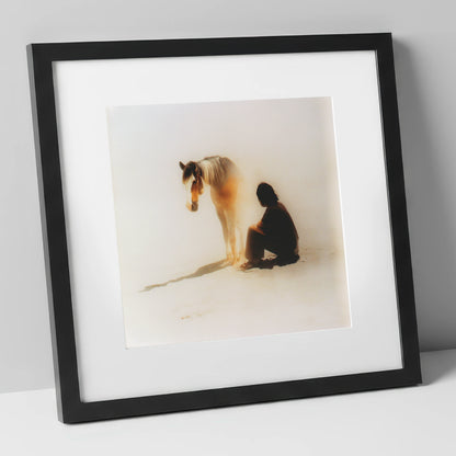 Quiet Presence horse & rider art print in black frame