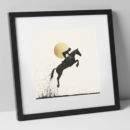 Golden Flight show jumping horse art print in black frame