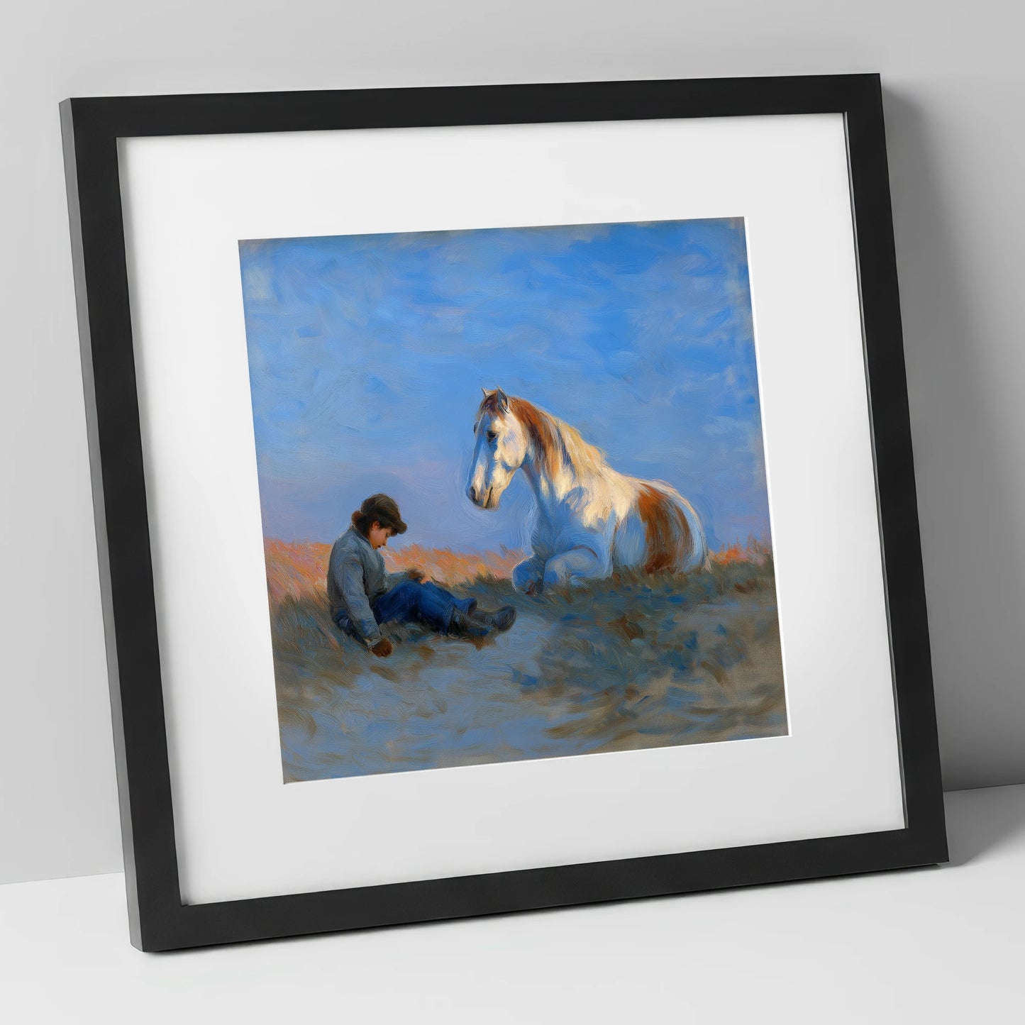 Sunlit Companions horse & rider art print in black frame
