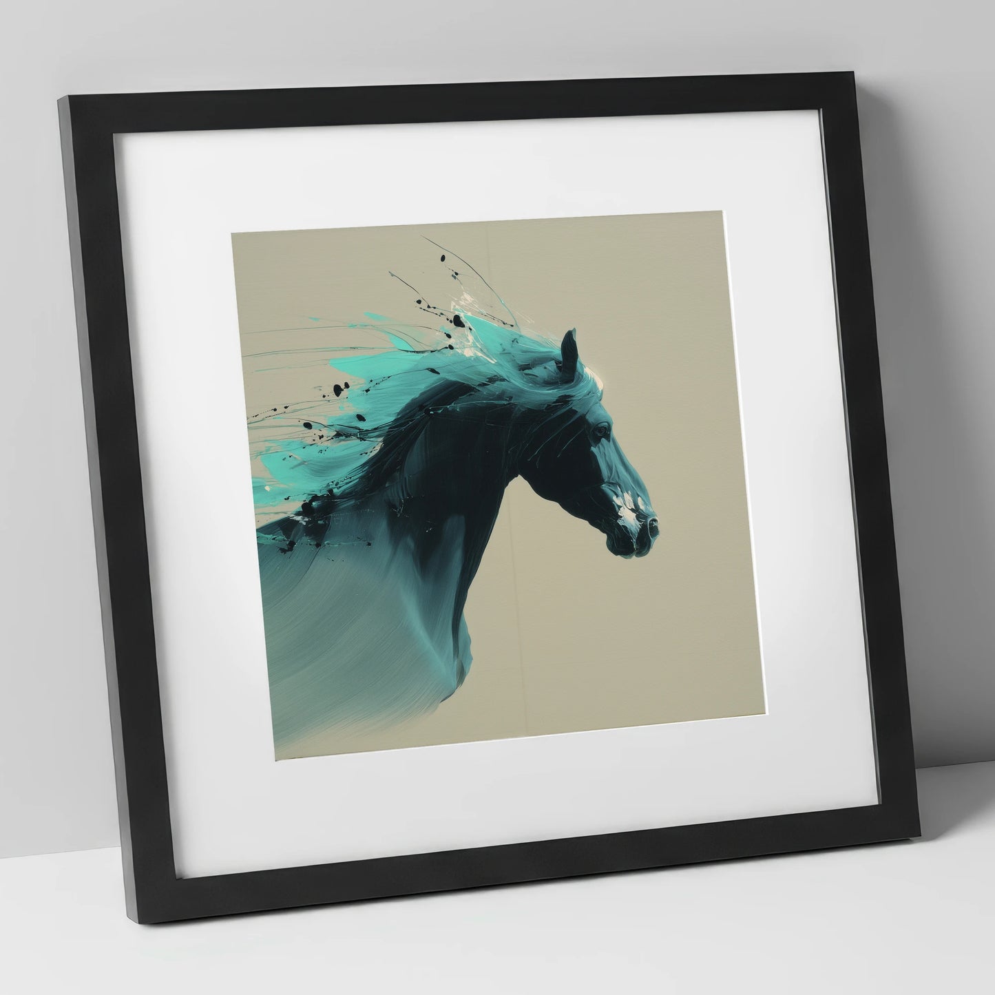 Teal Tempest horse breed art print in black frame