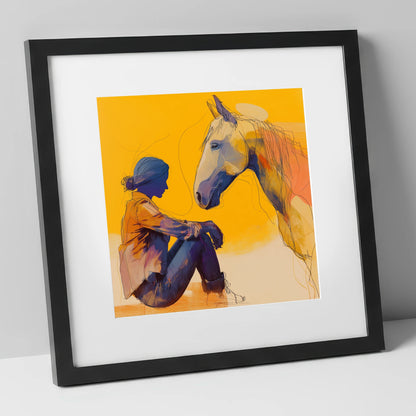 Quiet Communion horse & rider art print in black frame