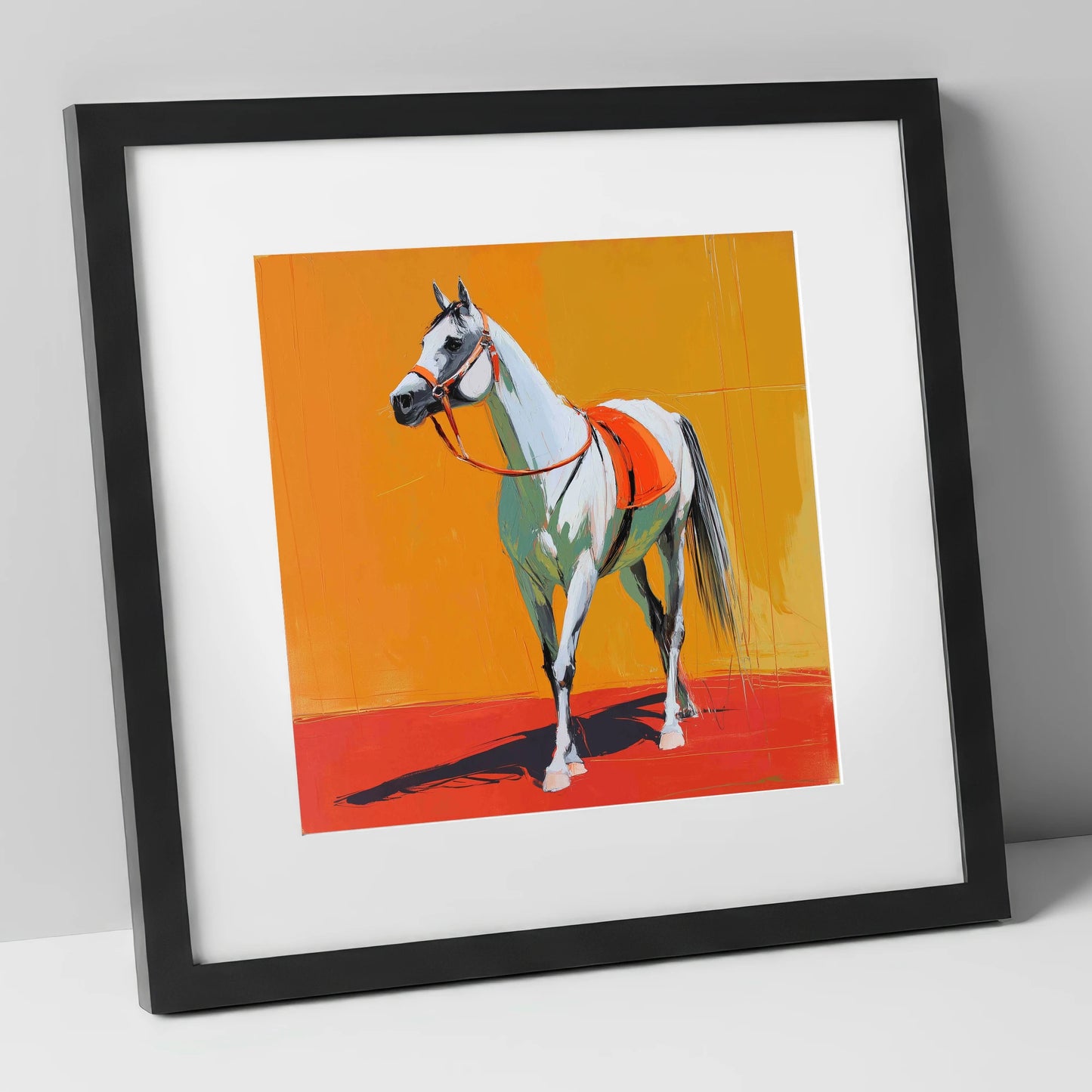Sunlit Grey Arabian horse breed art print in black frame