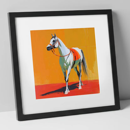 Sunlit Grey Arabian horse breed art print in black frame