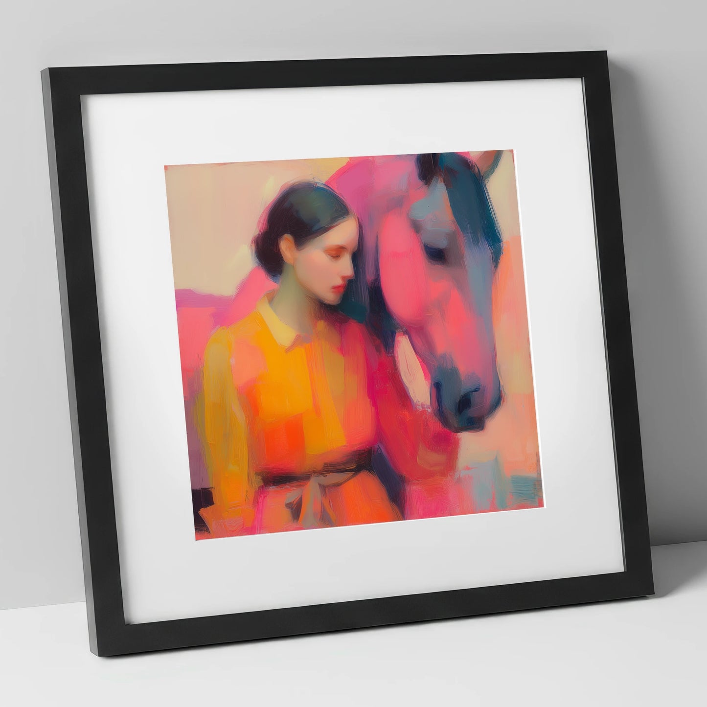 Radiant Bond horse & rider art print in black frame