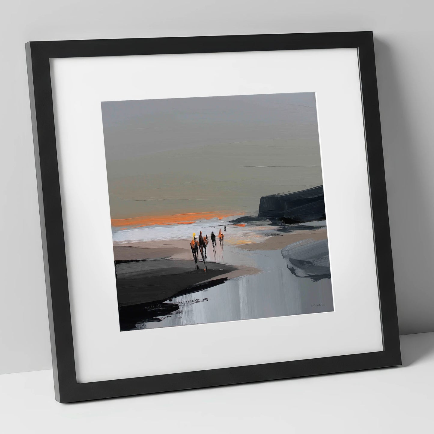 Sunset Coastal Hack horse landscape art print in black frame