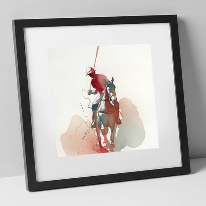 The Crimson Strike polo horse art print in black frame