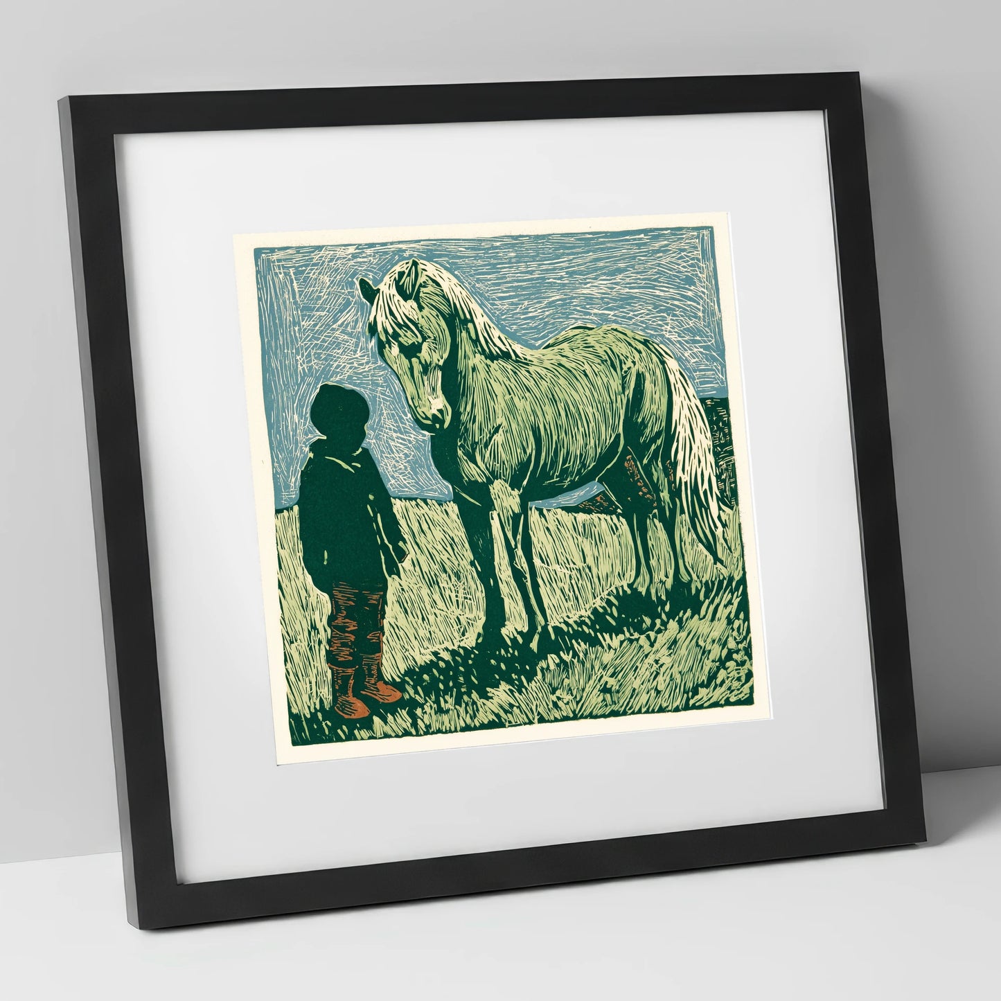 The Silent Bond horse & rider art print in black frame