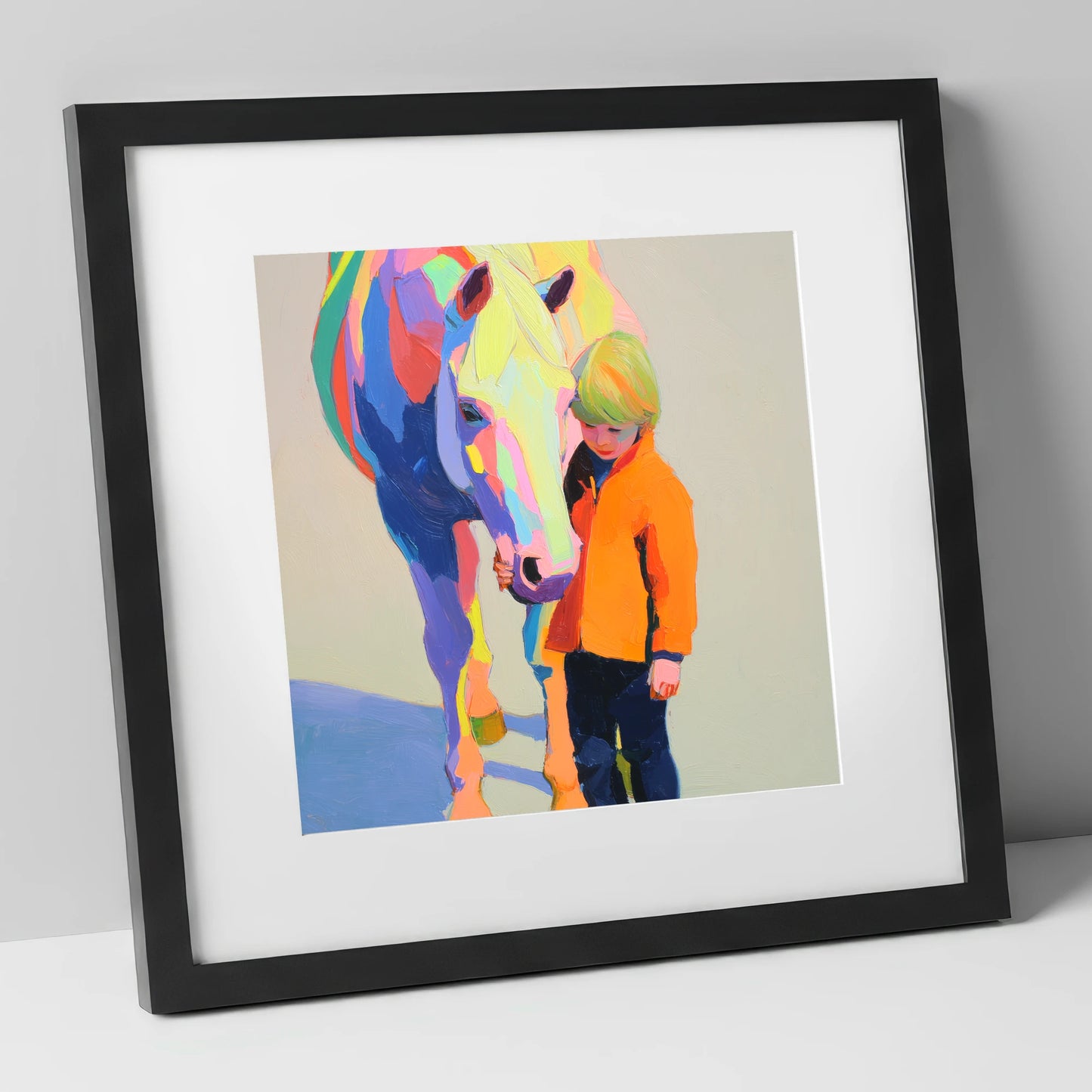 Radiant Bond horse & rider art print in black frame
