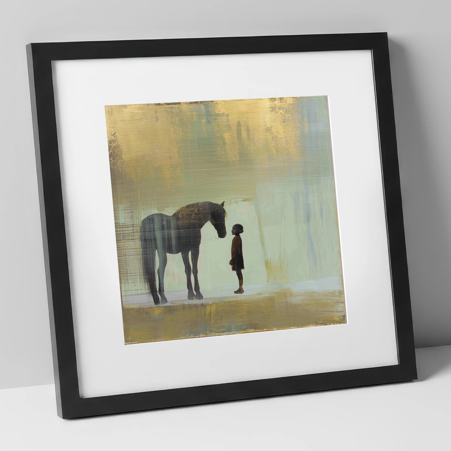 A Quiet Understanding horse & rider art print in black frame