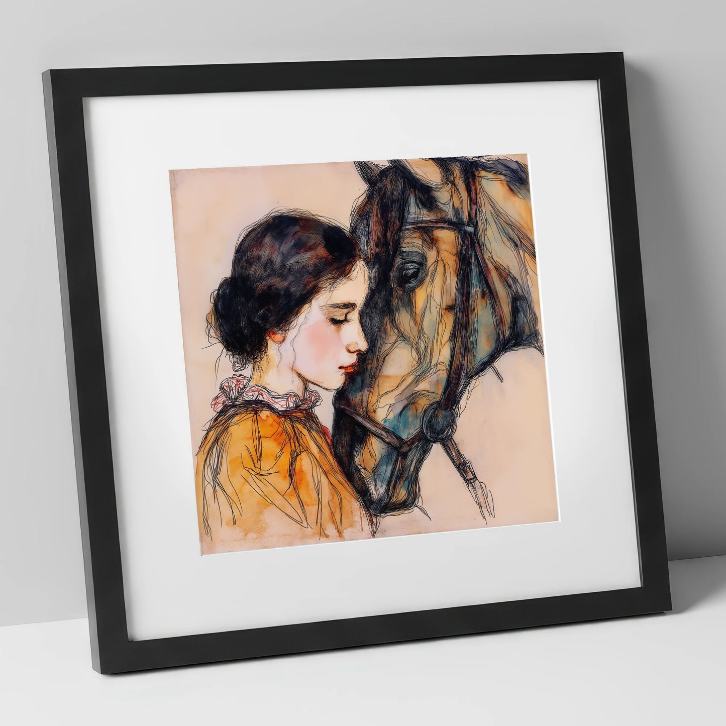 The Unspoken Bond horse & rider art print in black frame