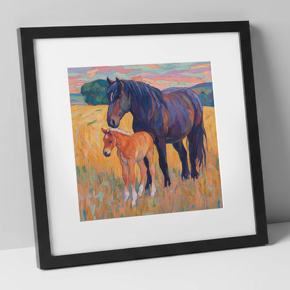Vibrant Bond Mare and Foal mare & foal art print in black frame