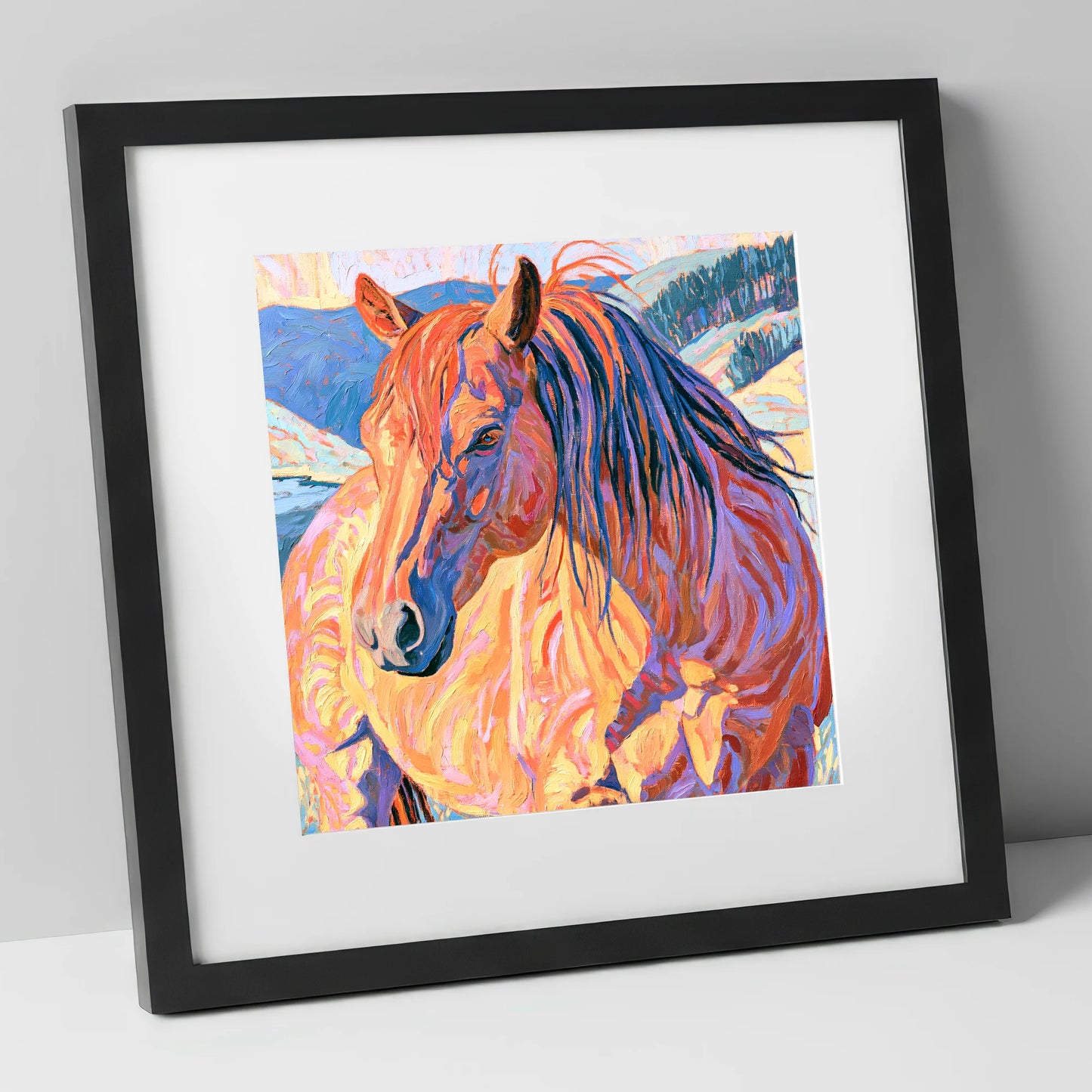 Horse in Vibrant Mountain Snow horse breed art print in black frame