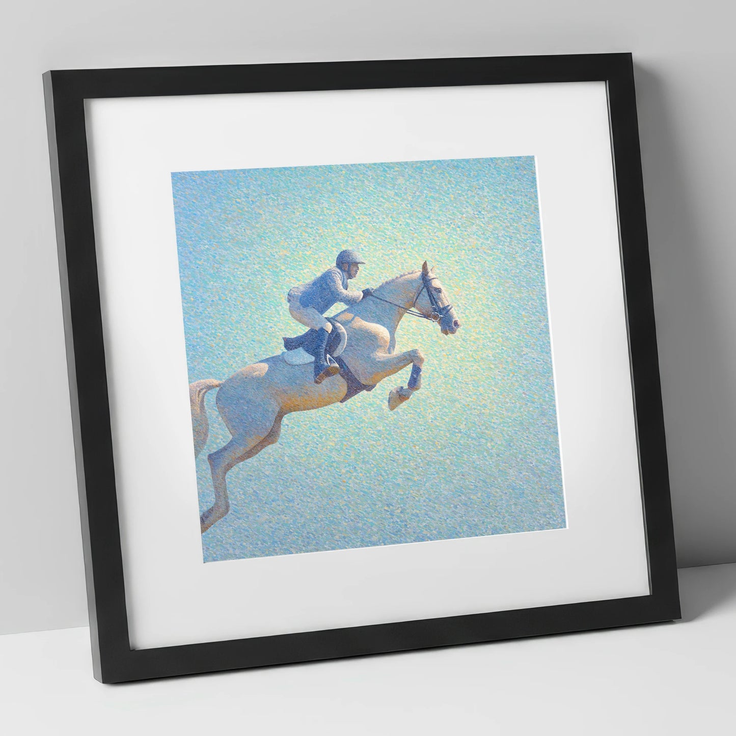 Luminous Ascent show jumping horse art print in black frame
