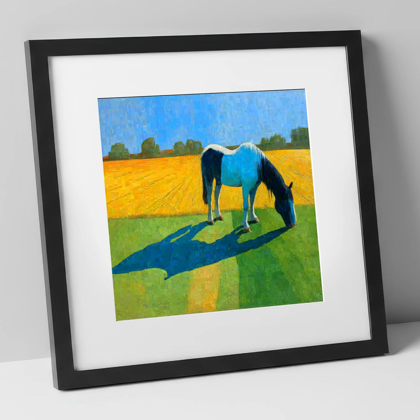Sunlit Piebald Grazer working horse art print in black frame
