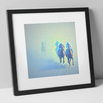 Luminous Morning Chase racing horse art print in black frame