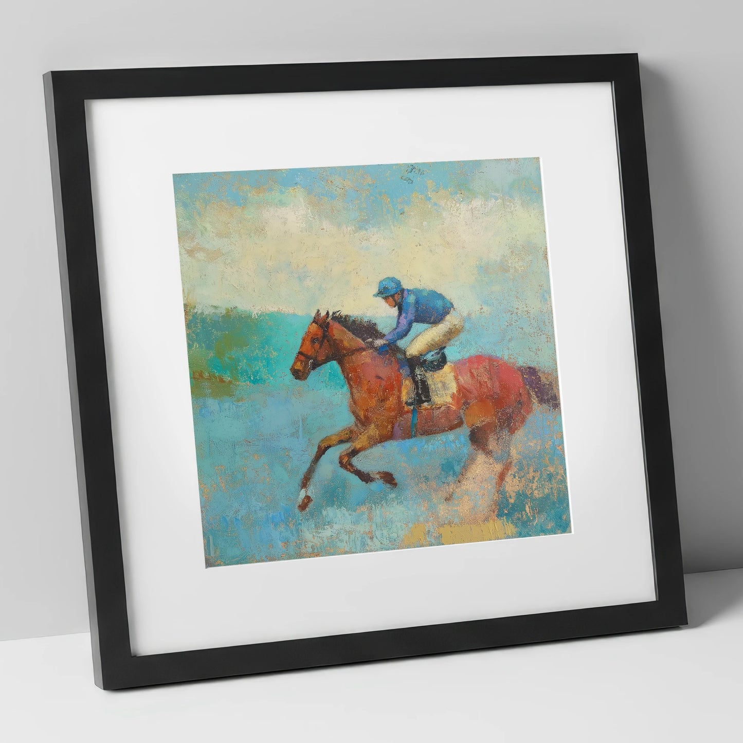 Flight in Turquoise racing horse art print in black frame