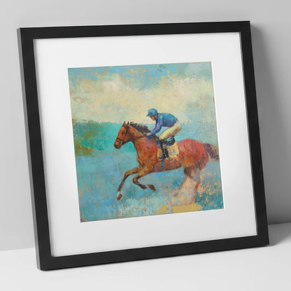 Flight in Turquoise racing horse art print in black frame