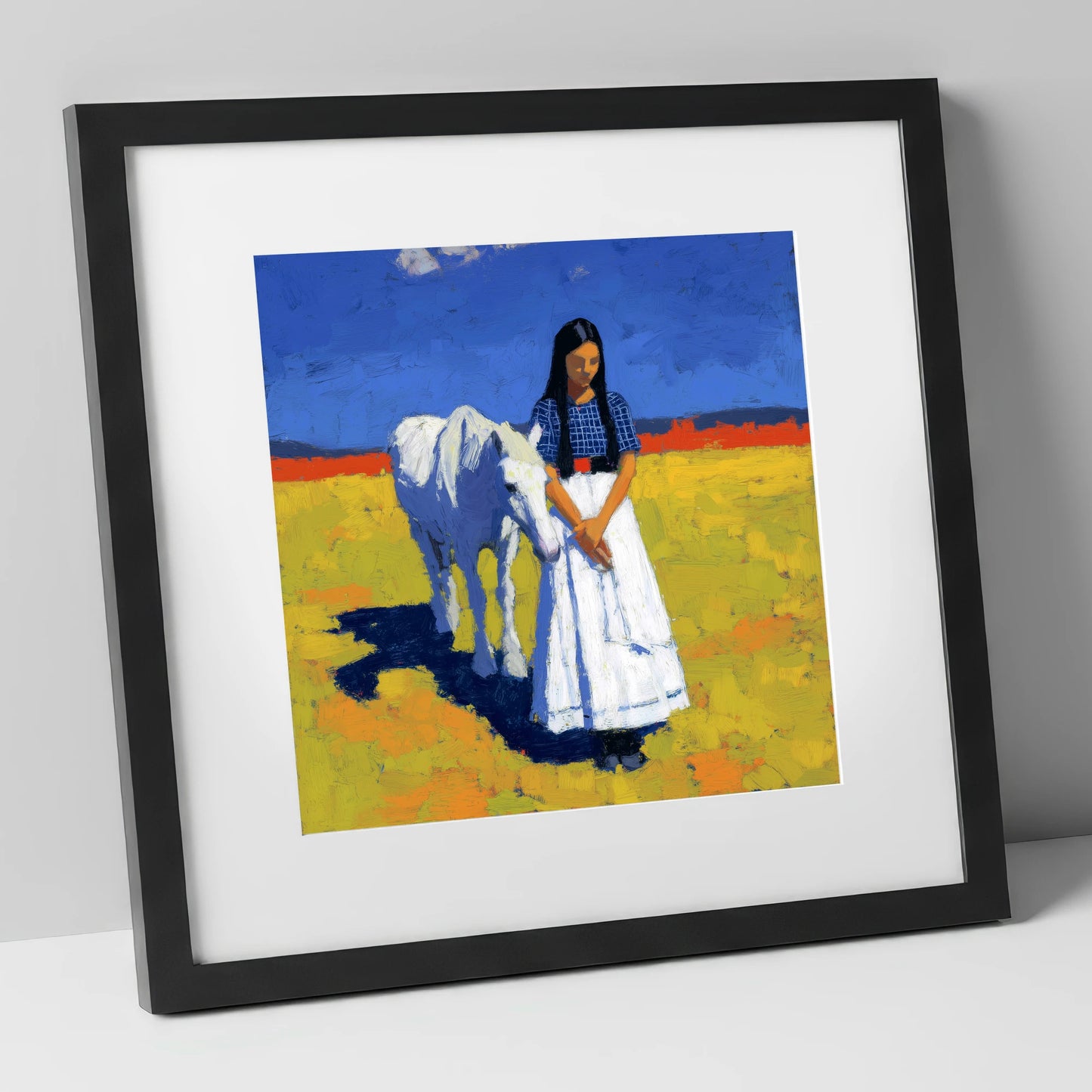 Sunlit Companion horse & rider art print in black frame