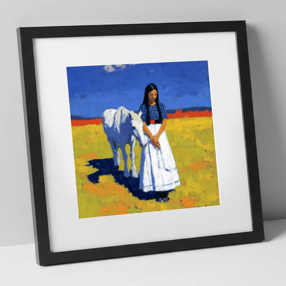 Sunlit Companion horse & rider art print in black frame