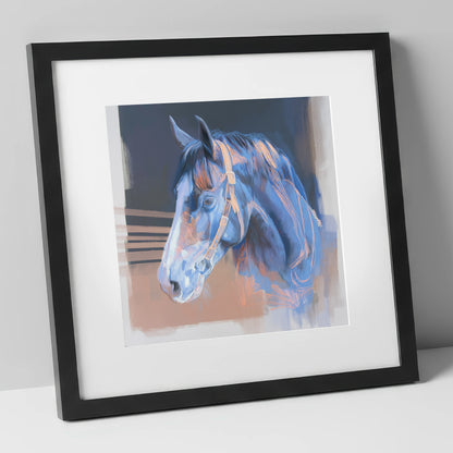 Serene Blue Profile horse portrait art print in black frame