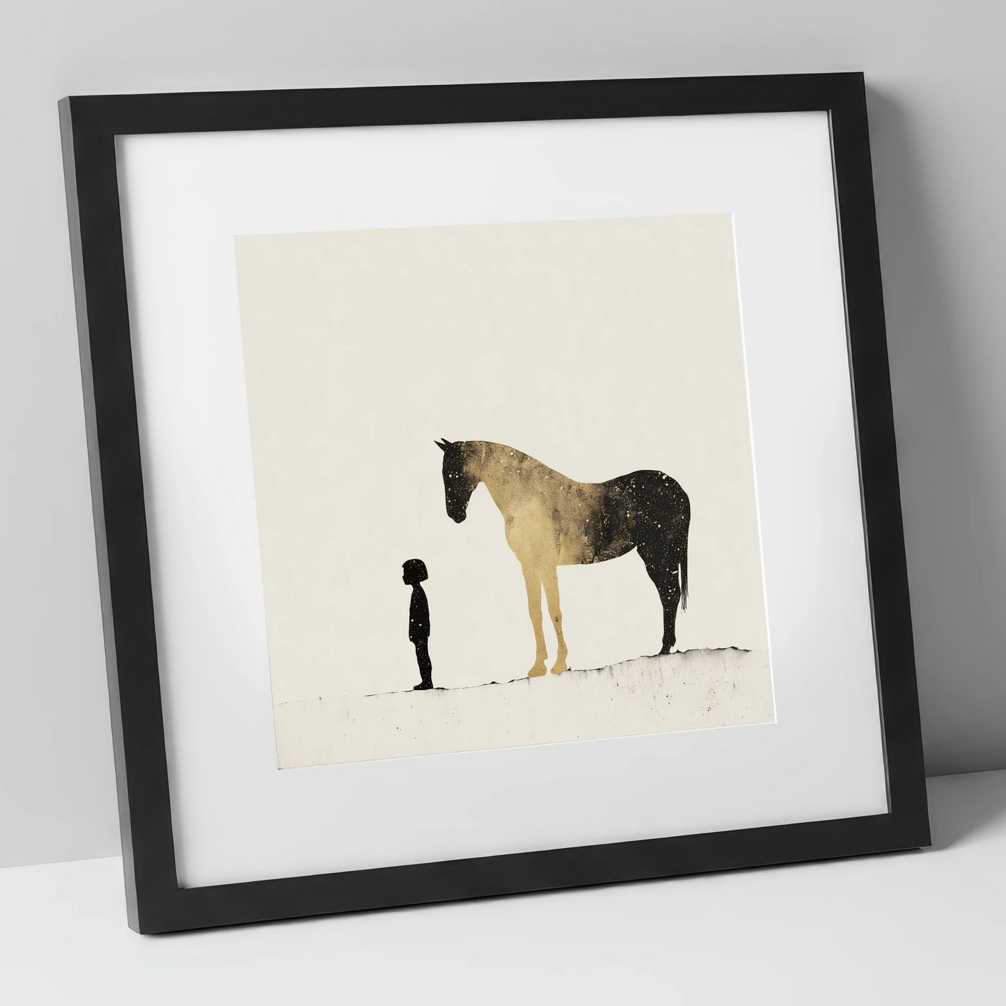 Celestial Bond horse & rider art print in black frame